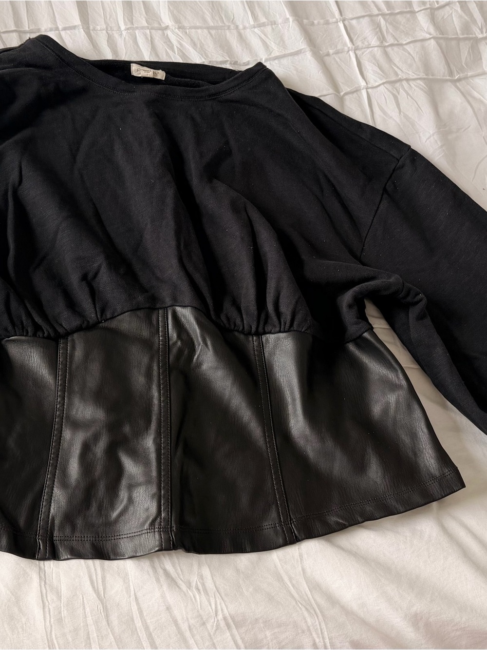 NWOT Anthropologie | Pilcro Black Faux Leather Corset Style Peplum Sweatshirt